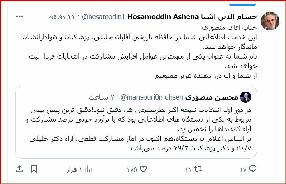 واکنش آذری جهرمی و حسام الدین آشنا به انتشار نتایج یک نظرسنجى توسط منصوری