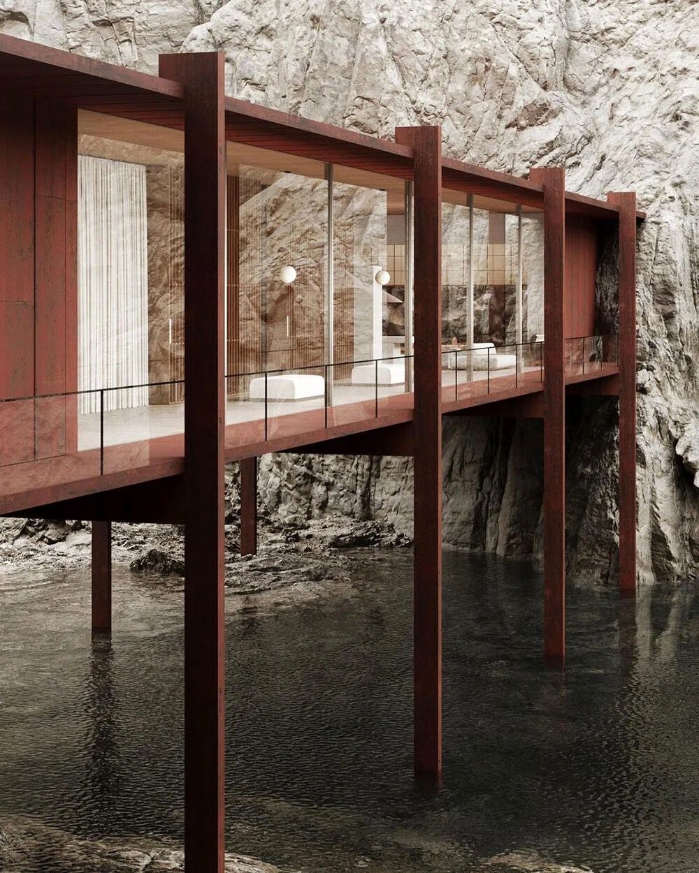 خانه شیشه ‌ای بر فراز دریاچه ‌ای در دل قله‌ های کوه خودنمایی می کند