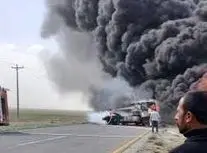 لحظه آتش سوزی امروز تریلی در جاده فریمان/ ویدئو