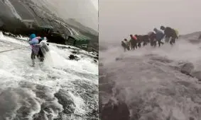  گرفتار شدن کوهنوردان در سیلاب ناگهانی / ویدئو
