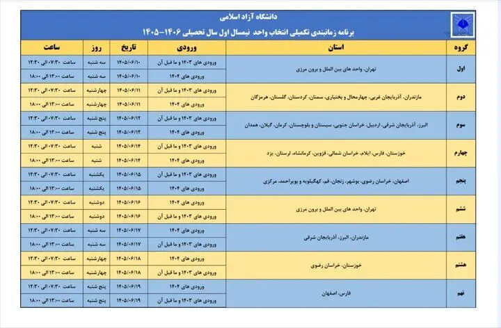زمان‌بندی انتخاب واحد نیم‌سال اول دانشگاه آزاد اسلامی اعلام‌ شد