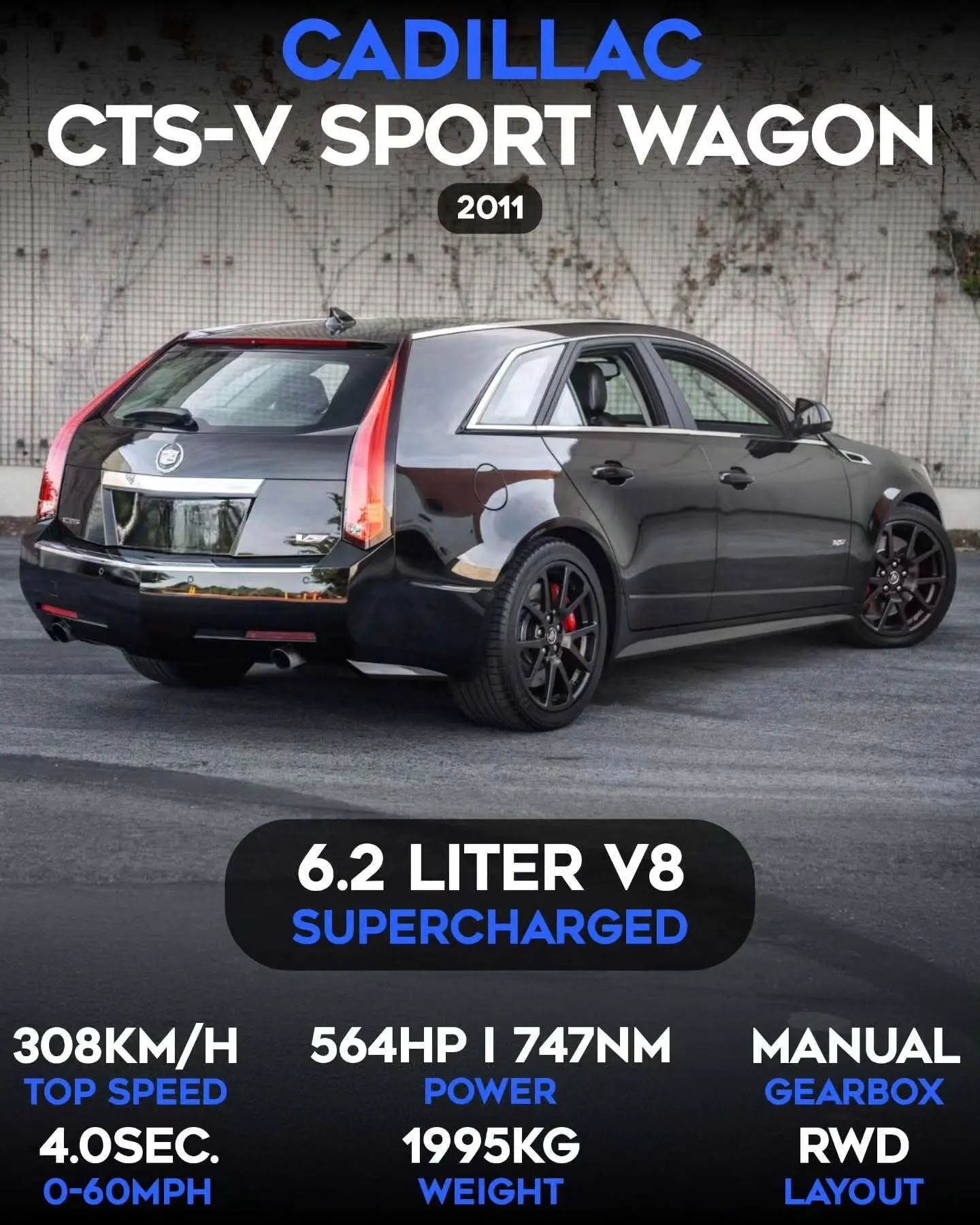 تصویری از نمای خارجی خودروی نادر و عملکردی کادیلاک CTS-V اسپورت واگن (CTS-V Sport Wagon) مدل ۲۰۱۱ تا ۲۰۱۴ با رنگ مشکی یا خاکستری، که طراحی استیشن واگن آن با جزئیات تهاجمی مانند چهار اگزوز و گلگیرهای عریض برای موتور ۶.۲ لیتری V8 سوپرشارژ ۵۶۴ اسب‌بخاری را نشان می‌دهد.