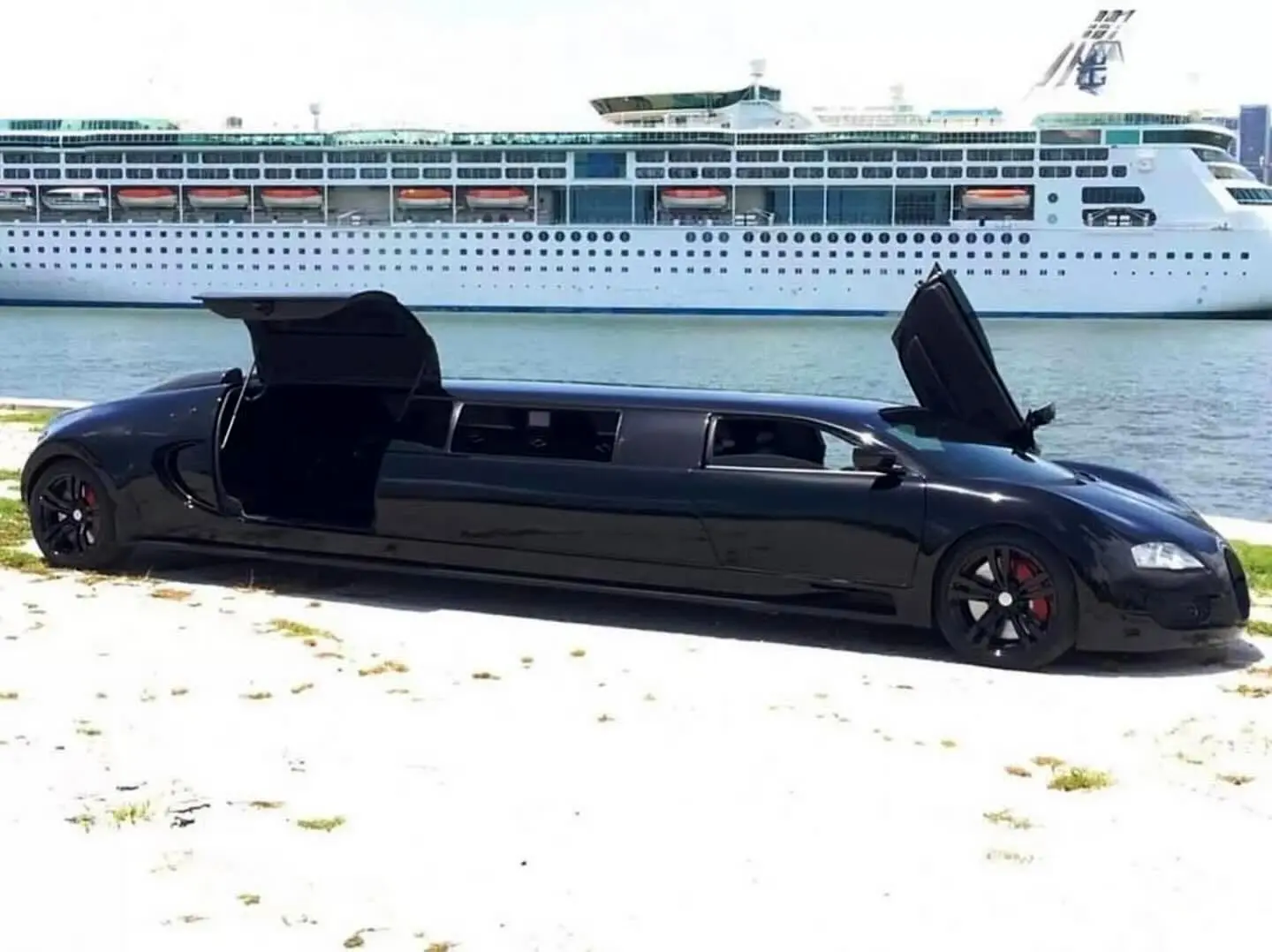 نمای جانبی لیموزین کشیده بوگاتی وی‌لانگ با درهای باز شده به سبک بال‌چایچی و طراحی الهام گرفته از بوگاتی ویرون.