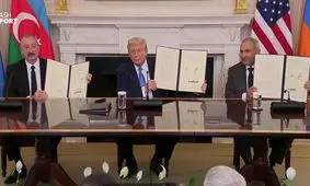 سران ارمنستان و جمهوری آذربایجان در کاخ سفید توافق صلح امضا کردند/ رئیس جمهور آمریکا: کریدور زنگزور به «مسیر ترامپ برای صلح و شکوفایی بین‌المللی» تغییر نام داده است/ آنها به مدت ۳۵ سال با هم جنگ کرده‌اند اما هم‌اکنون با هم دوست هستند/ ویدئو