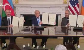سران ارمنستان و جمهوری آذربایجان در کاخ سفید توافق صلح امضا کردند/ رئیس جمهور آمریکا: کریدور زنگزور به «مسیر ترامپ برای صلح و شکوفایی بین‌المللی» تغییر نام داده است/ آنها به مدت ۳۵ سال با هم جنگ کرده‌اند اما هم‌اکنون با هم دوست هستند/ ویدئو