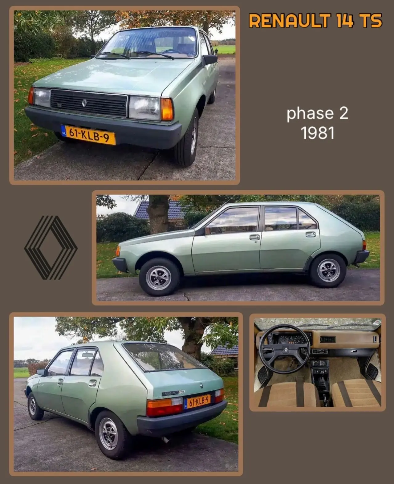 تصویر خودروی هاچ‌بک کلاسیک رنو ۱۴ (Renault 14) با بدنه گرد و طراحی مدرن دهه ۱۹۷۰، که در حال رانندگی یا در فضای باز پارک شده است، و خبر مربوط به زنگ‌زدگی و توقف تولید زودهنگام آن را منعکس می‌کند.