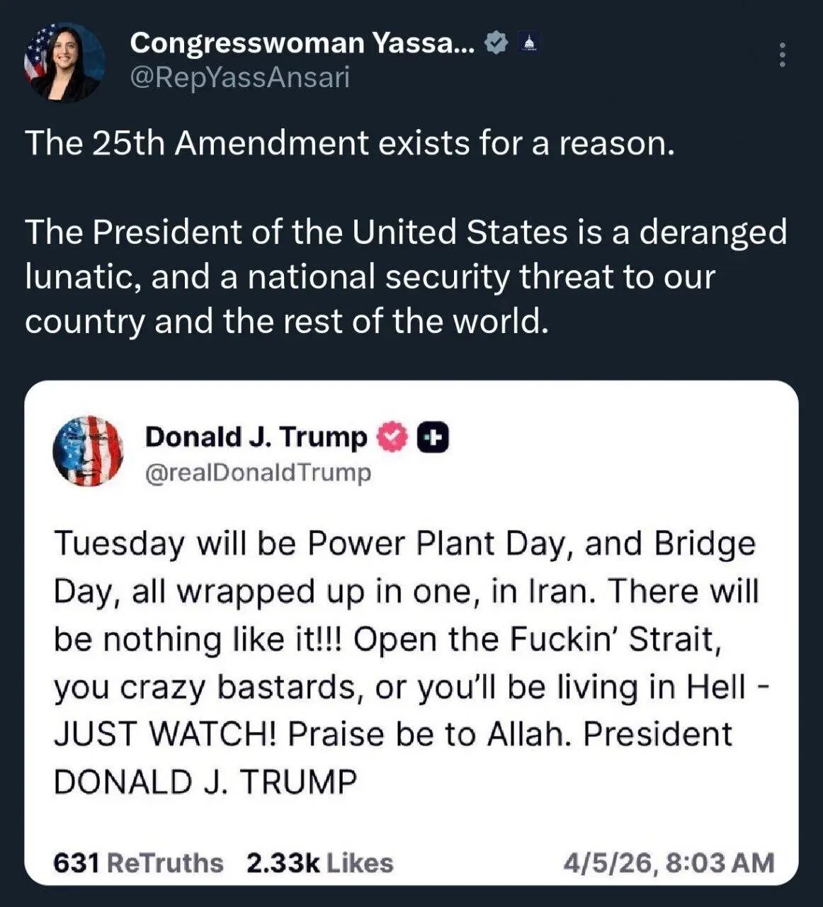 نماینده ایرانی‌الاصل کنگره آمریکا: دونالد ترامپ دیوانه است