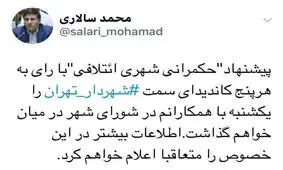 پیشنهاد حکمرانی شهری ائتلافی را در شورای شهر مطرح خواهم کرد