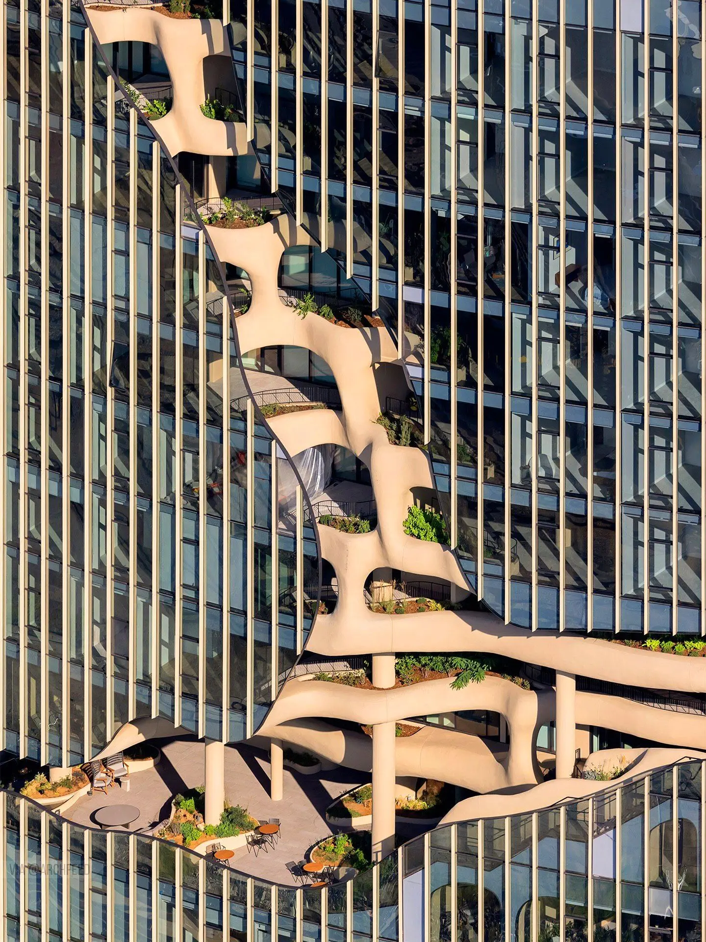 نمای ساختمان وان ریور نورث در دنور با نمای شیشه‌ای و شکاف عمیق صخره‌ای مجهز به گیاهان طبیعی و مسیر پیاده‌روی عمودی.