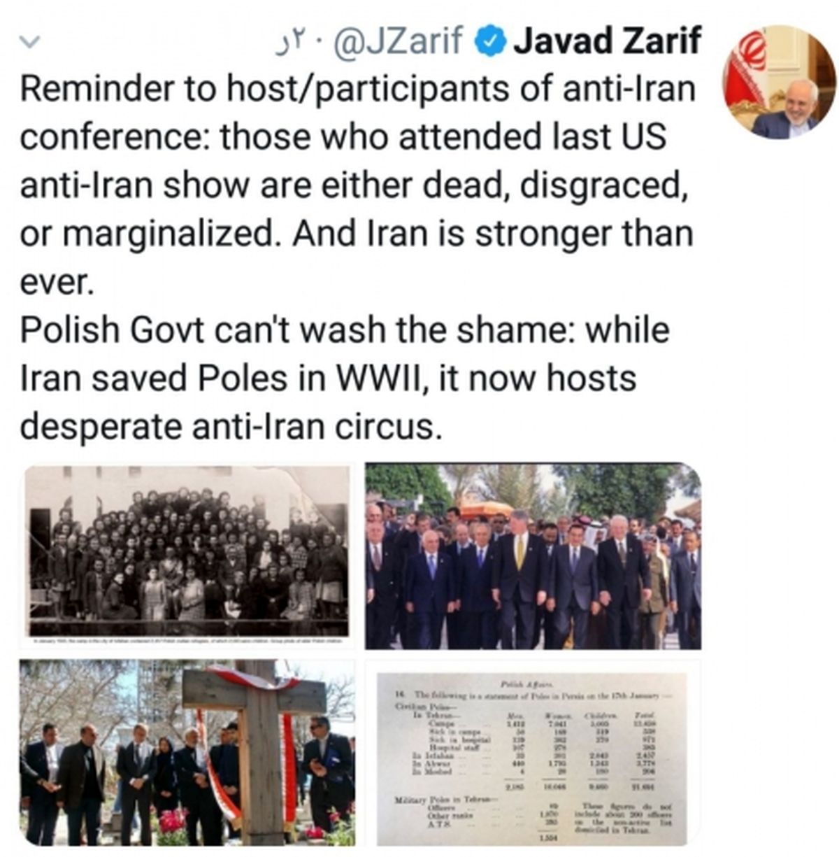 توئیت ظریف با تصویر قبرستان لهستانی ها در مشهد