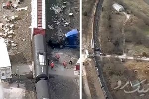 تصاویر هوایی از تصادف قطار با تریلی ۱۸ چرخ+فیلم
