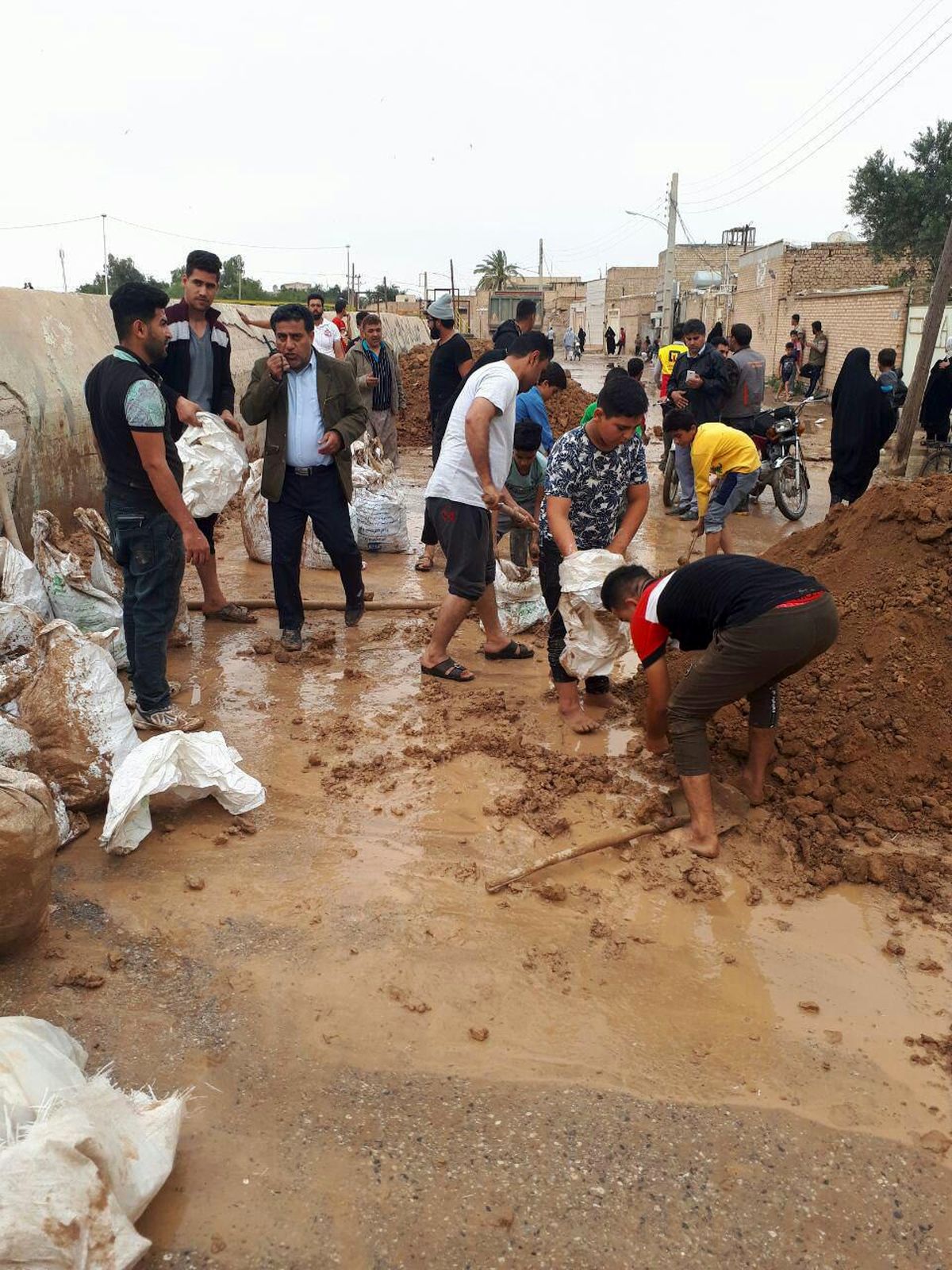 تلاش مردم برای استحکام سیل بند روستای هوفل+ویدئو