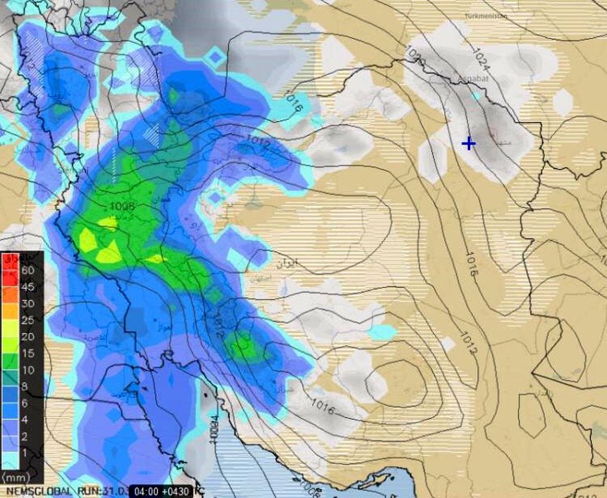 تصویری از وضعیت بارش‌ها از امشب تا نخستین ساعات صبح فردا