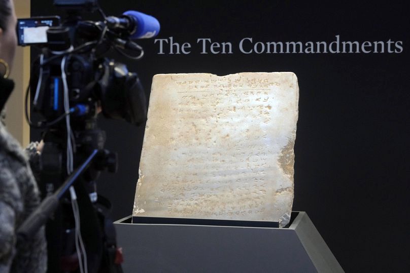 The oldest complete tablet of the Ten Commandments, weighing 115-pounds and approximately 1,500 years old, displayed at Sotheby's in New York