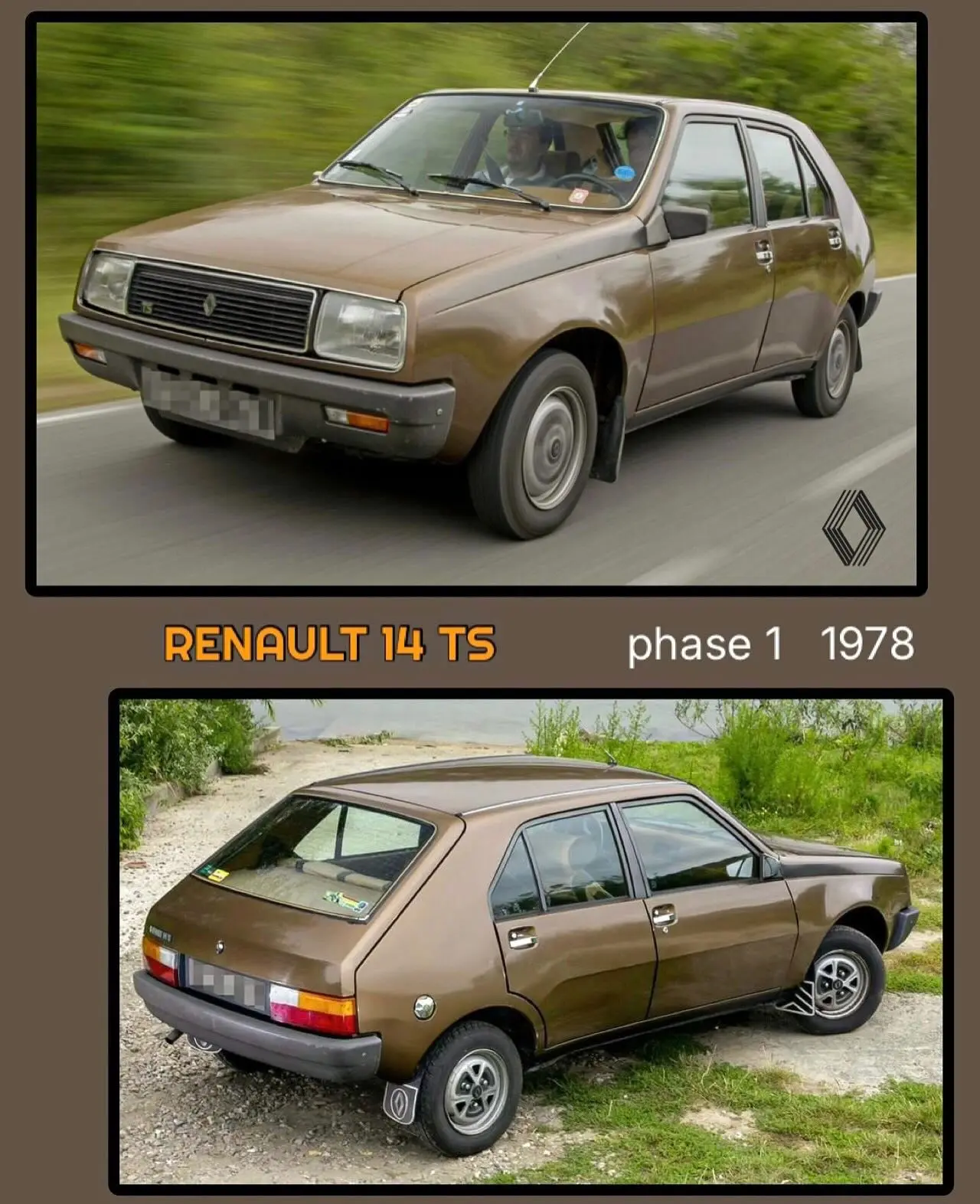 تصویر خودروی هاچ‌بک کلاسیک رنو ۱۴ (Renault 14) با بدنه گرد و طراحی مدرن دهه ۱۹۷۰، که در حال رانندگی یا در فضای باز پارک شده است، و خبر مربوط به زنگ‌زدگی و توقف تولید زودهنگام آن را منعکس می‌کند.