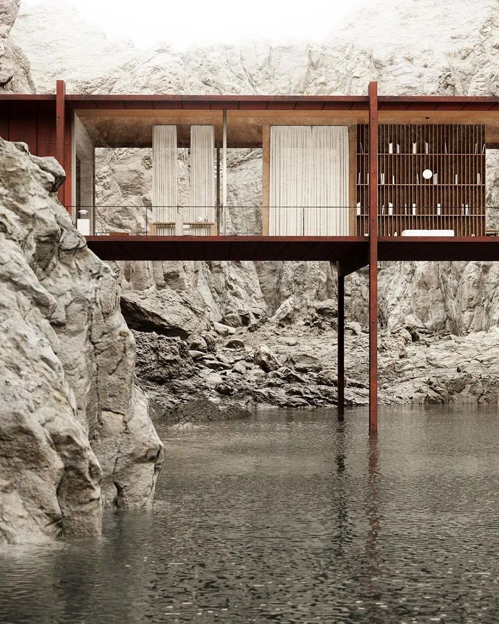 خانه شیشه ‌ای بر فراز دریاچه ‌ای در دل قله‌ های کوه خودنمایی می کند
