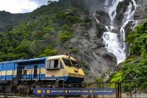 عبور قطار از دل آبشار دودساگار؛ تماشایی‌ترین مسیر ریلی جهان/ ویدئو