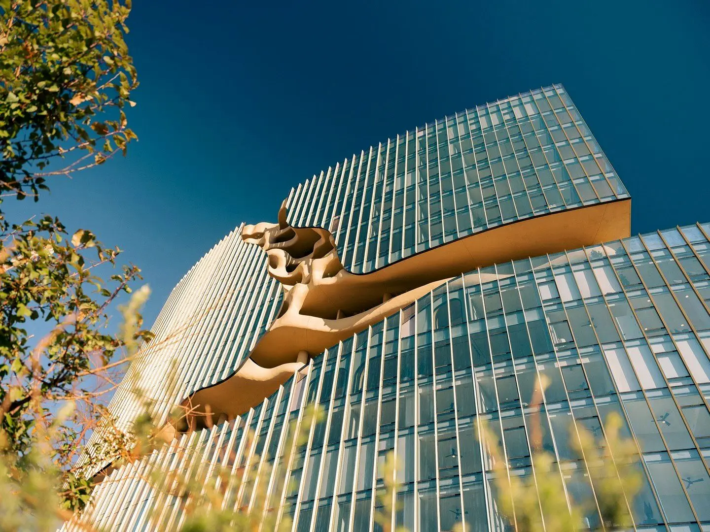 نمای ساختمان وان ریور نورث در دنور با نمای شیشه‌ای و شکاف عمیق صخره‌ای مجهز به گیاهان طبیعی و مسیر پیاده‌روی عمودی.