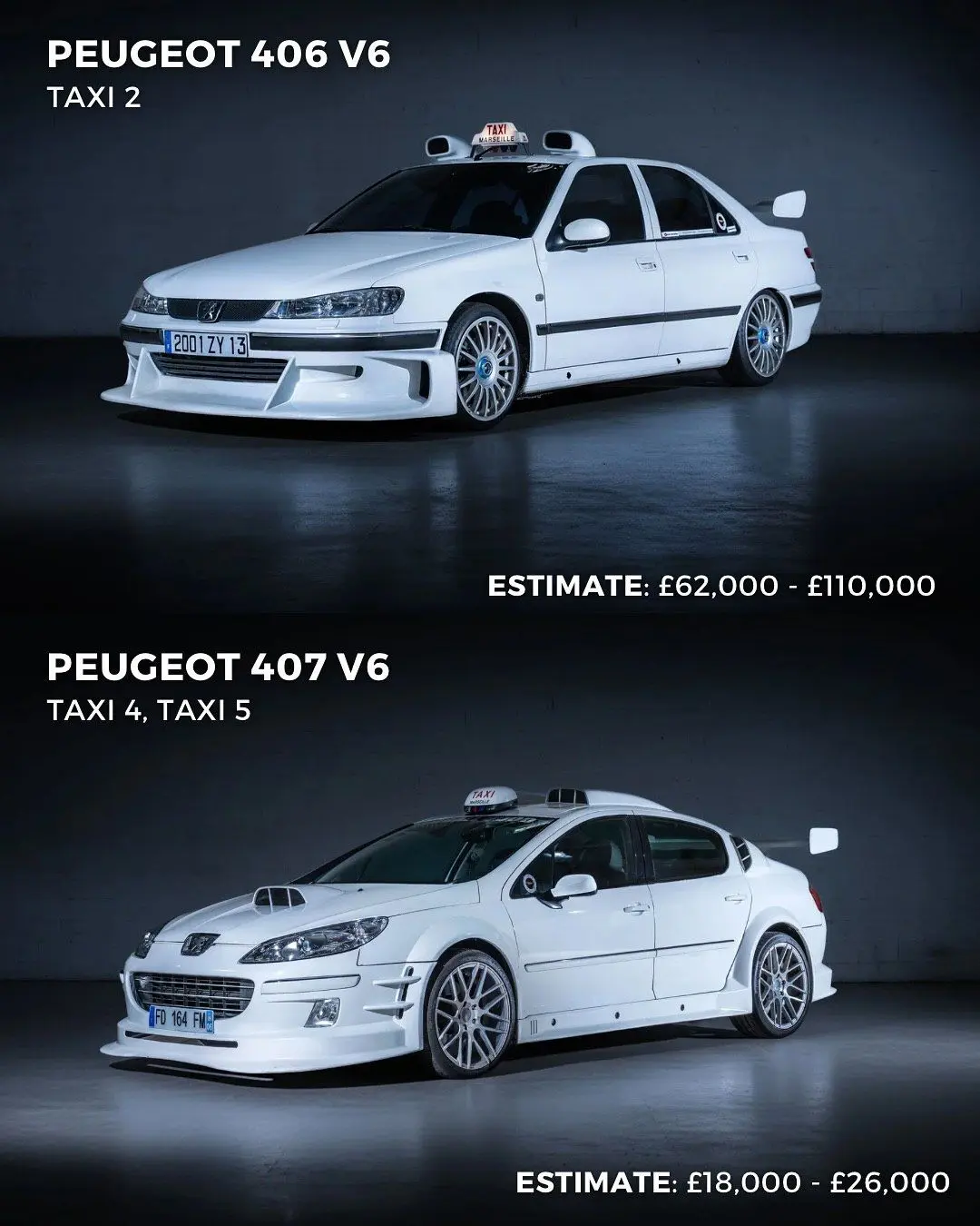 تصویری از خودروی پژو ۴۰۶ به رنگ سفید که در سری فیلم‌های کمدی-اکشن فرانسوی «تاکسی» مشهور شد و اکنون به عنوان بخشی از مجموعه خودروهای سینمایی در حراجی بونهامز با قیمت تخمینی ۱۱۰,۰۰۰ پوند به فروش می‌رسد.