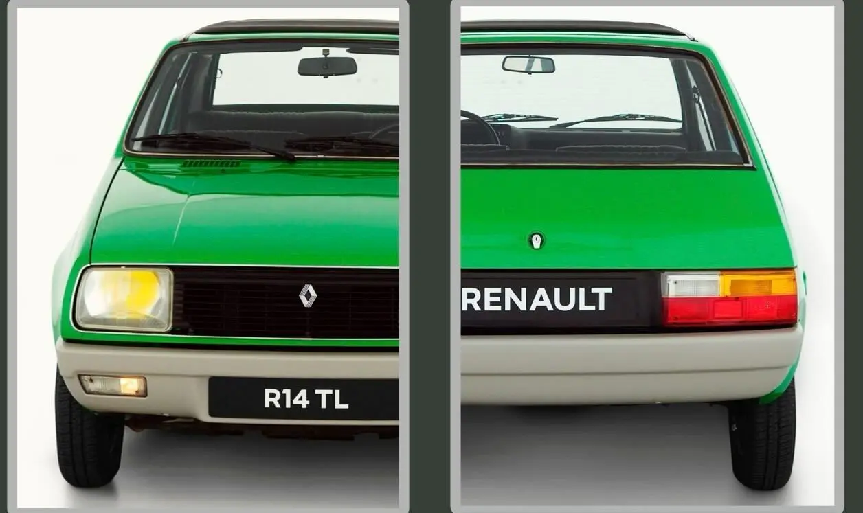 تصویر خودروی هاچ‌بک کلاسیک رنو ۱۴ (Renault 14) با بدنه گرد و طراحی مدرن دهه ۱۹۷۰، که در حال رانندگی یا در فضای باز پارک شده است، و خبر مربوط به زنگ‌زدگی و توقف تولید زودهنگام آن را منعکس می‌کند.