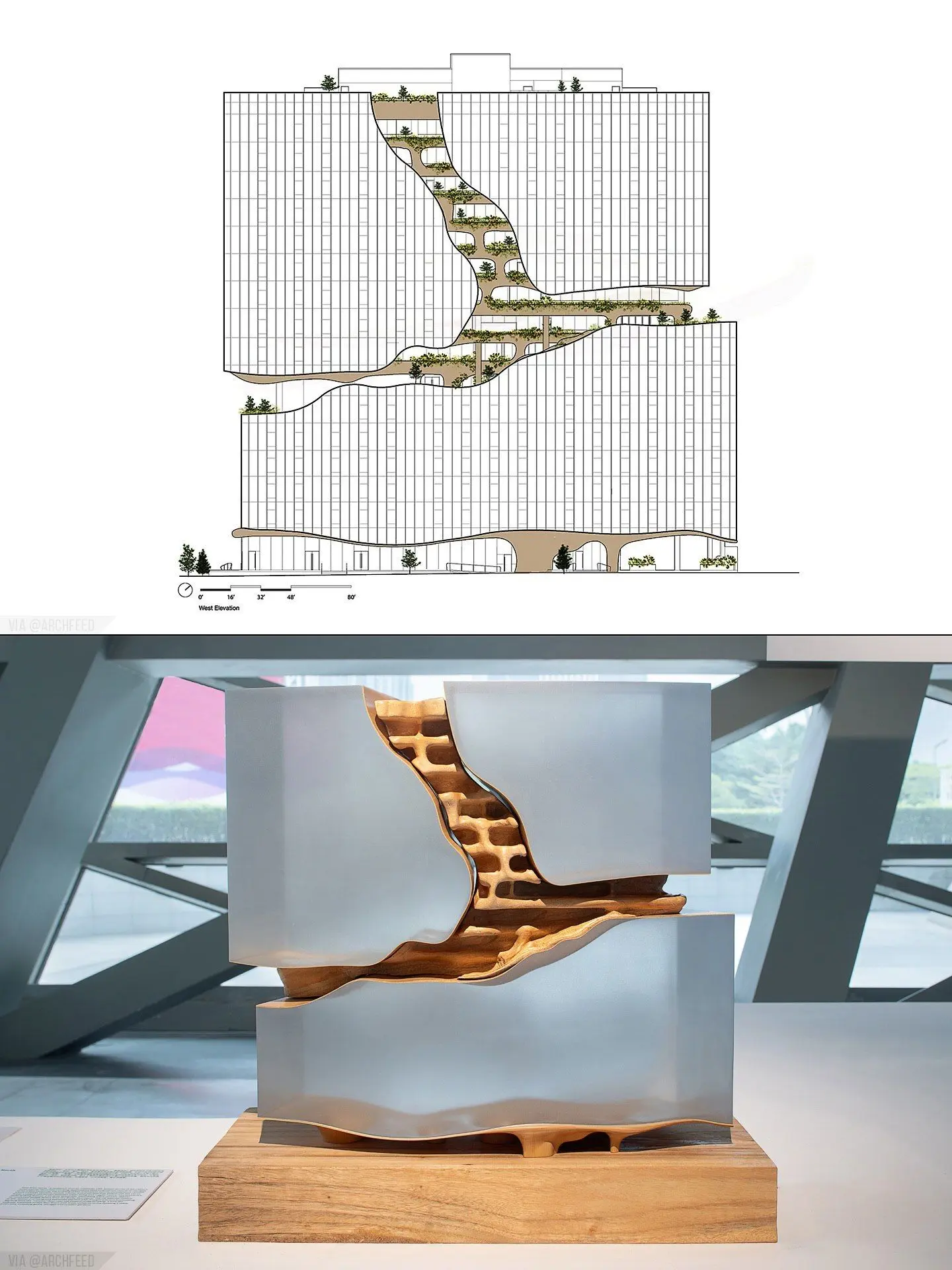 نمای ساختمان وان ریور نورث در دنور با نمای شیشه‌ای و شکاف عمیق صخره‌ای مجهز به گیاهان طبیعی و مسیر پیاده‌روی عمودی.