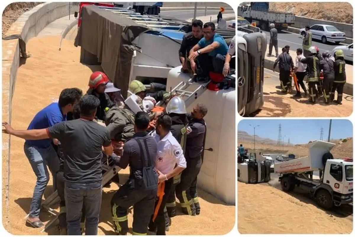 واژگونی تریلر حمل گندم در محور شیراز به خرامه 

