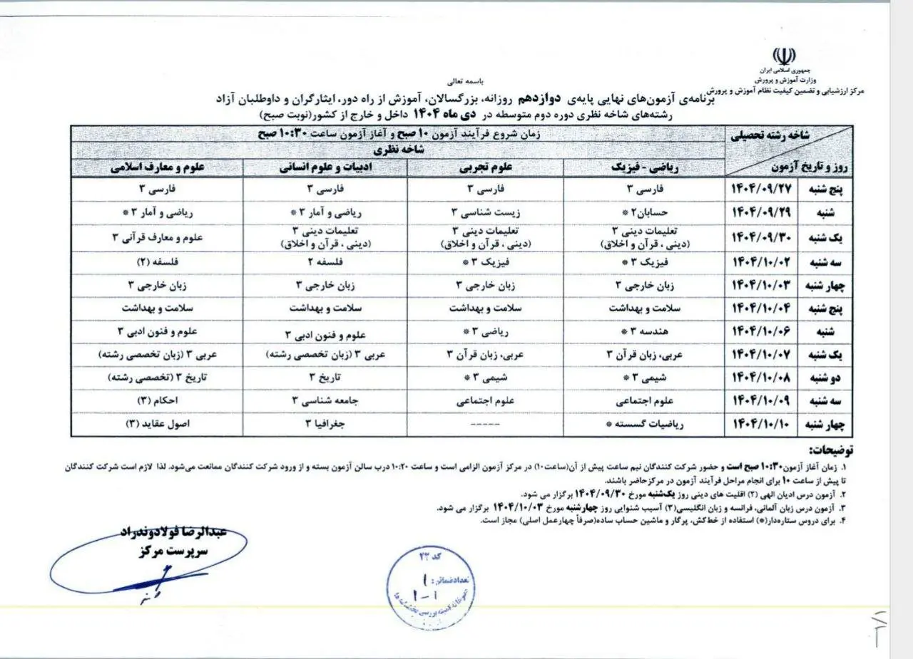 برنامه امتحانات نهایی دوازدهمی‌ها اعلام شد