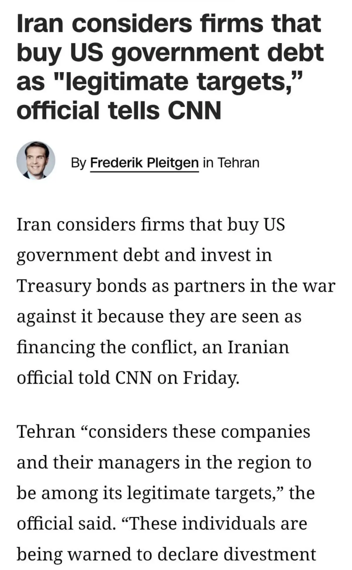 ایران شرکت‌هایی را که بدهی دولت آمریکا را خریداری می‌کنند، «اهداف مشروع» می‌داند